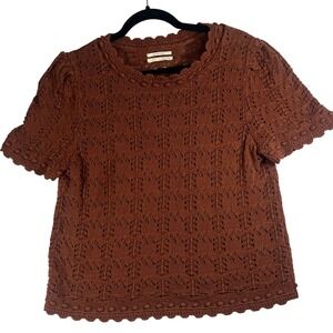Anthropologie Crochet Lace Knit Pointell Sweater Brown Boho Cottagecore